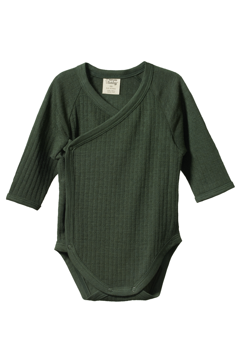 Nature Baby Merino Long Sleeve Kimono Bodysuit Pointelle - Thyme