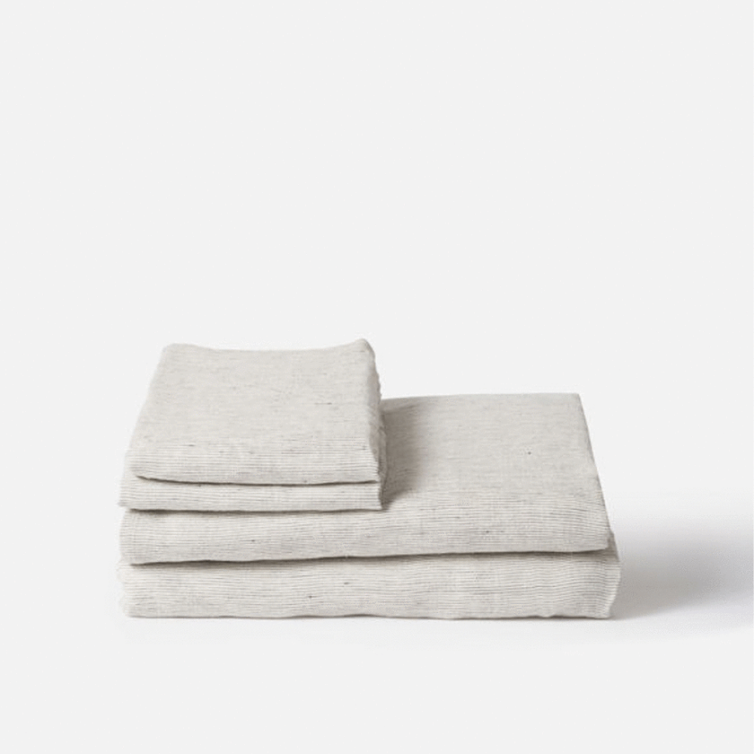 Citta Pinstripe Linen Fitted Sheet - Pepper/Chalk Q 152x203x40cm