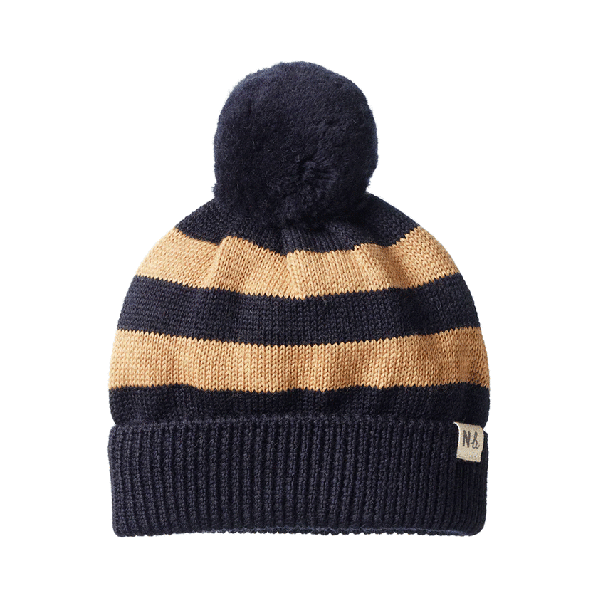 Nature Baby Alpine Pom Pom Beanie - Navy/Caramel Stripe