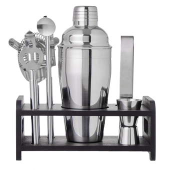 DAVIS & WADDELL FINE FOODS BAR SET WITH STAND 7PCE SILVER STAND 21X9.5X8.9CM/ COCKTAIL SHAKER 8.8X8.8X21.4CM/500ML