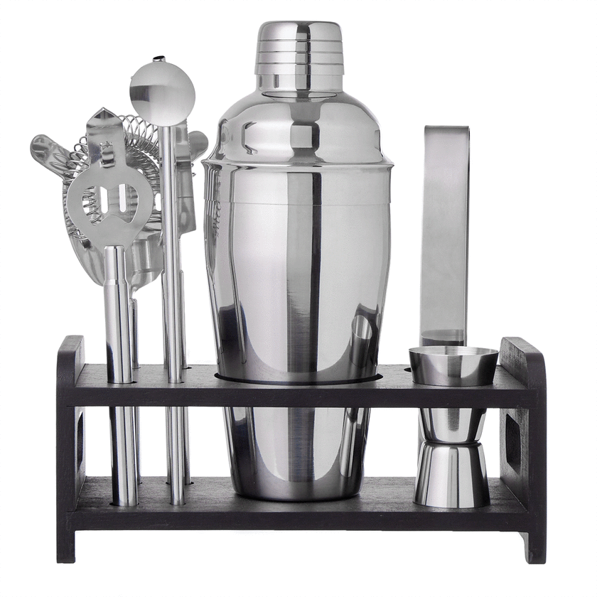 DAVIS & WADDELL FINE FOODS BAR SET WITH STAND 7PCE SILVER STAND 21X9.5X8.9CM/ COCKTAIL SHAKER 8.8X8.8X21.4CM/500ML
