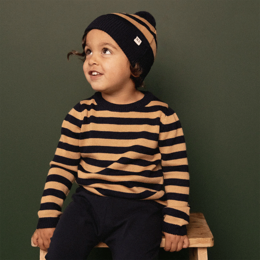 Nature Baby Alpine Pom Pom Beanie - Navy/Caramel Stripe