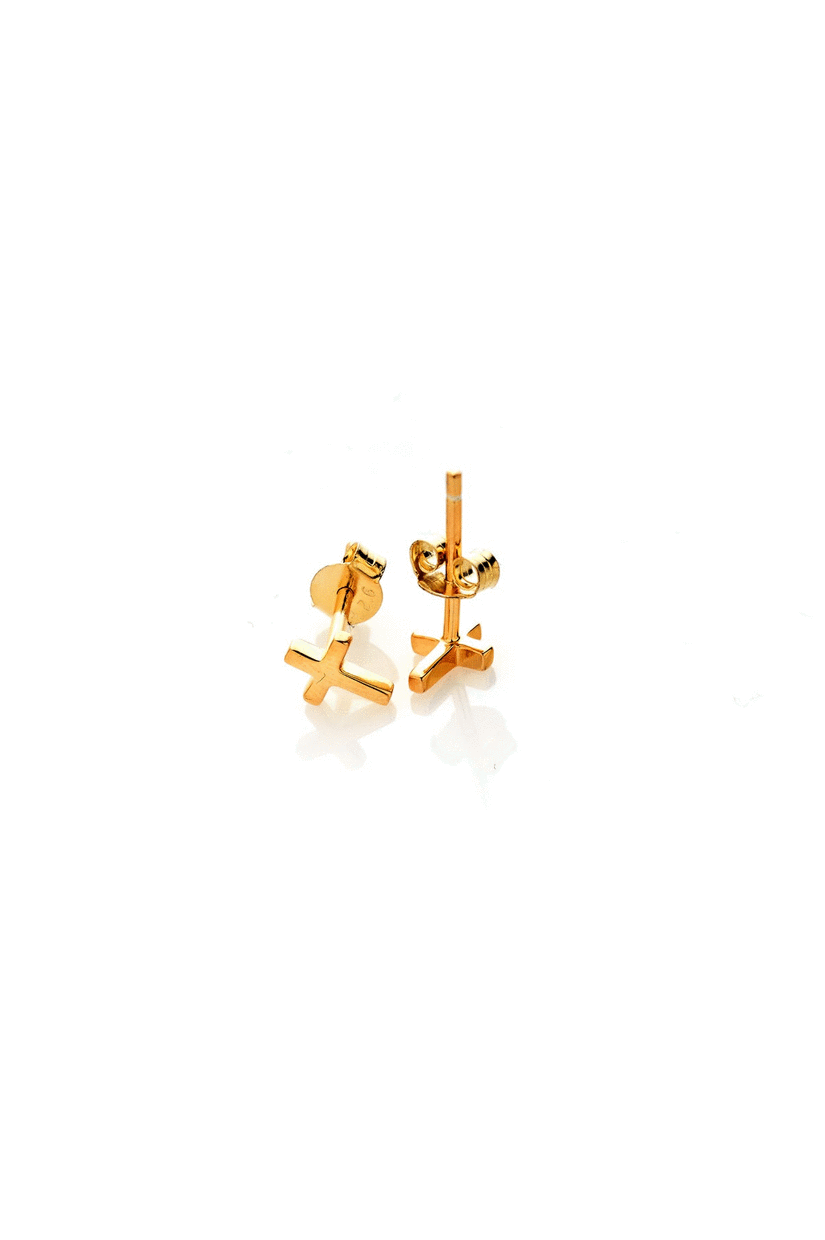 Stolen Girlfriend Tiny Stolen Cross Earrings - Yellow Gold Plated